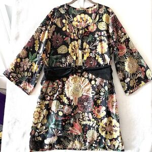 Shan Sz 12 Plunge Dress Floral Tie Back Lightweight Cotton Swim Cover Up‎ Resort